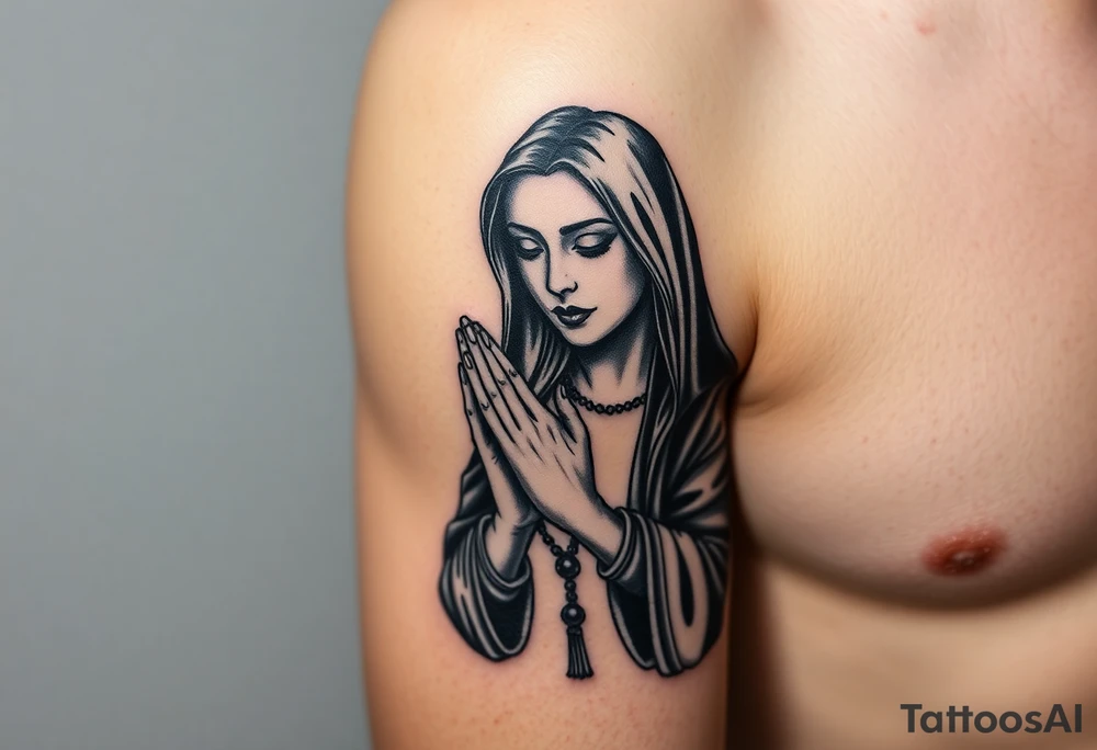 Chicano style woman with praying hands and rosary in hands tattoo idea