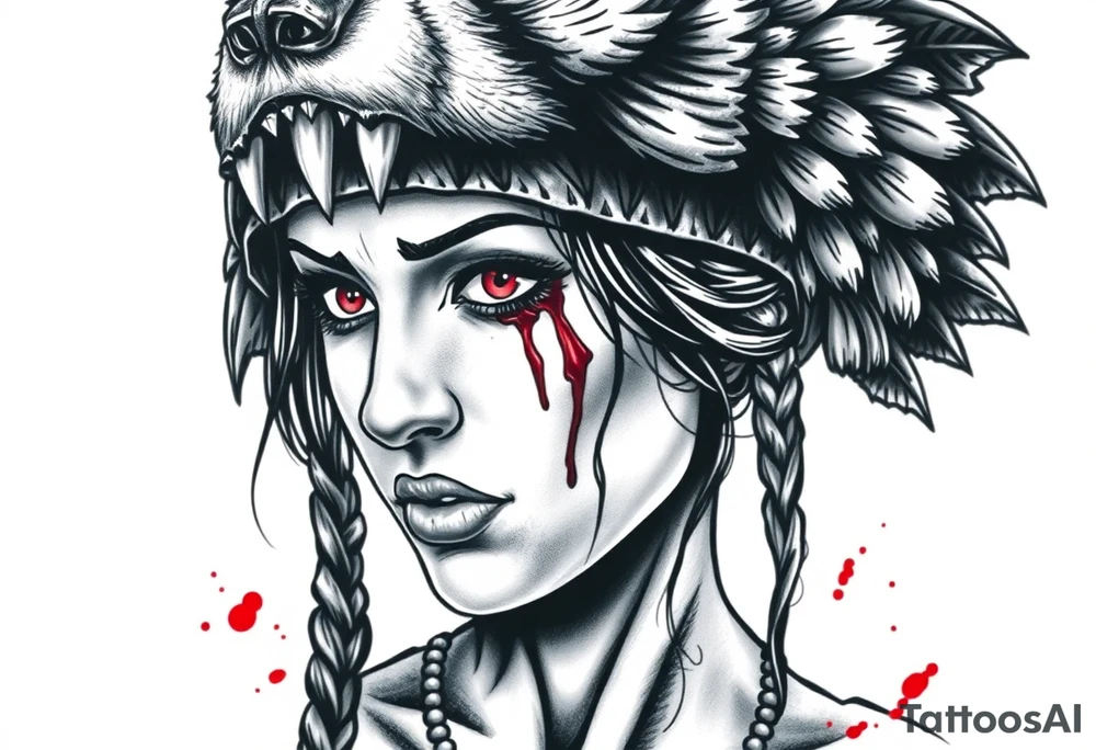 Beautiful Womans with red eyes, shedding a tear, with battle scars and blood on face, wearing a mean looking bear headdress on head tattoo idea