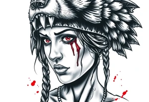 Beautiful Womans with red eyes, shedding a tear, with battle scars and blood on face, wearing a mean looking bear headdress on head tattoo idea