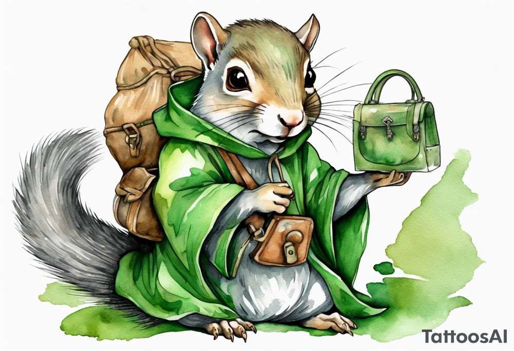medieval grey squirrel in green robe with a large satchel tattoo idea