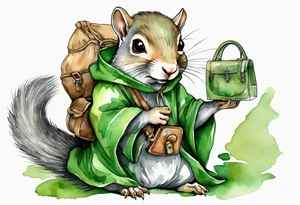 medieval grey squirrel in green robe with a large satchel tattoo idea
