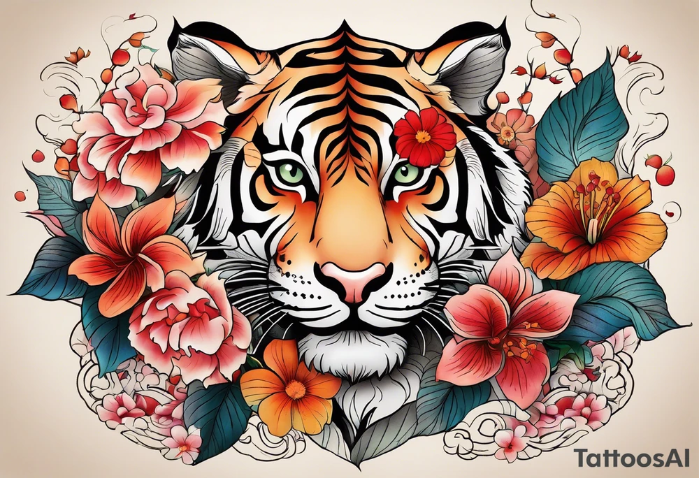 Numerology with flowers, tiger and the numbers 1111, 888, 222, 444, 777, 1234 tattoo idea