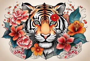 Numerology with flowers, tiger and the numbers 1111, 888, 222, 444, 777, 1234 tattoo idea
