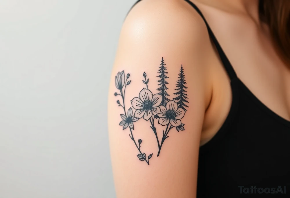 Floral Elements: Incorporate state flowers—bluebonnet (Texas), mountain laurel (Connecticut), and coast rhododendron (Washington
Arm sleeve shoulder to elbow

Add Texas Connecticut and Washington state trees tattoo idea