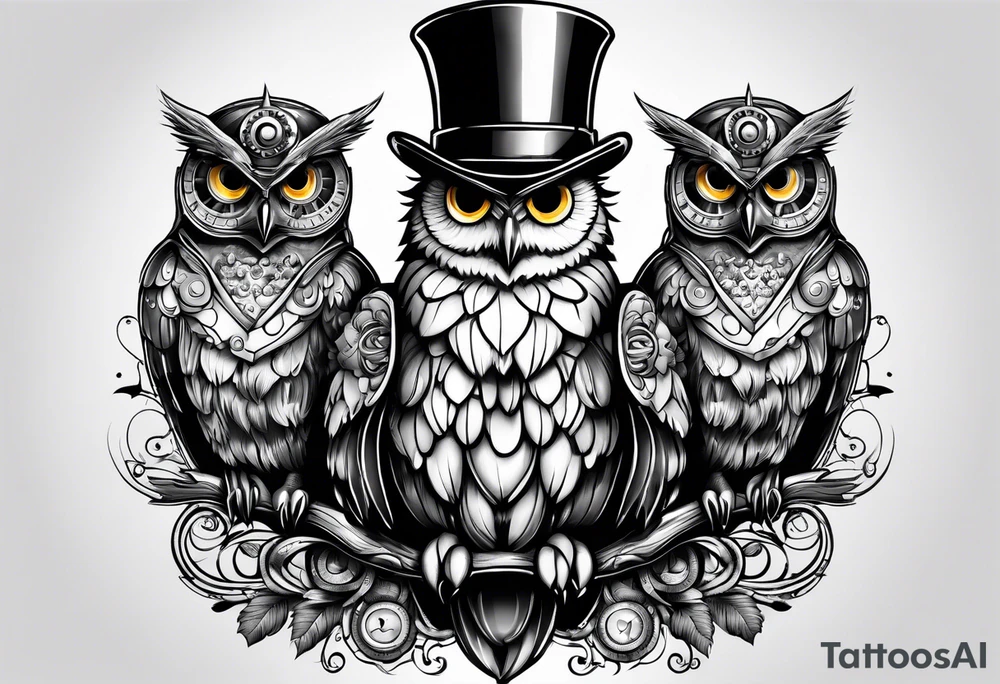 three headed owl in steampunk tattoo idea