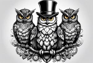 three headed owl in steampunk tattoo idea