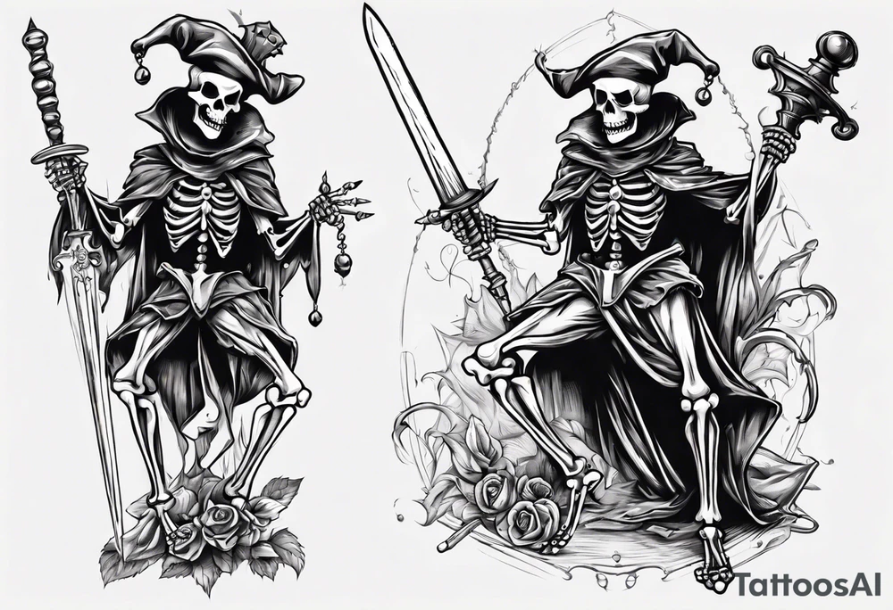 Skeleton court Jester clothed with sword tattoo idea