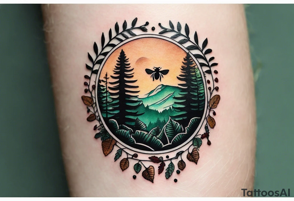forest floor inspired minimalist tattoo, which includes grass, curly ferns, moss and dead leaves as the bulk of the tattoo. details to include: forest berries, a tiny bumblebee flying nearby, three small brown mushrooms
Generate a vertically long one tattoo idea