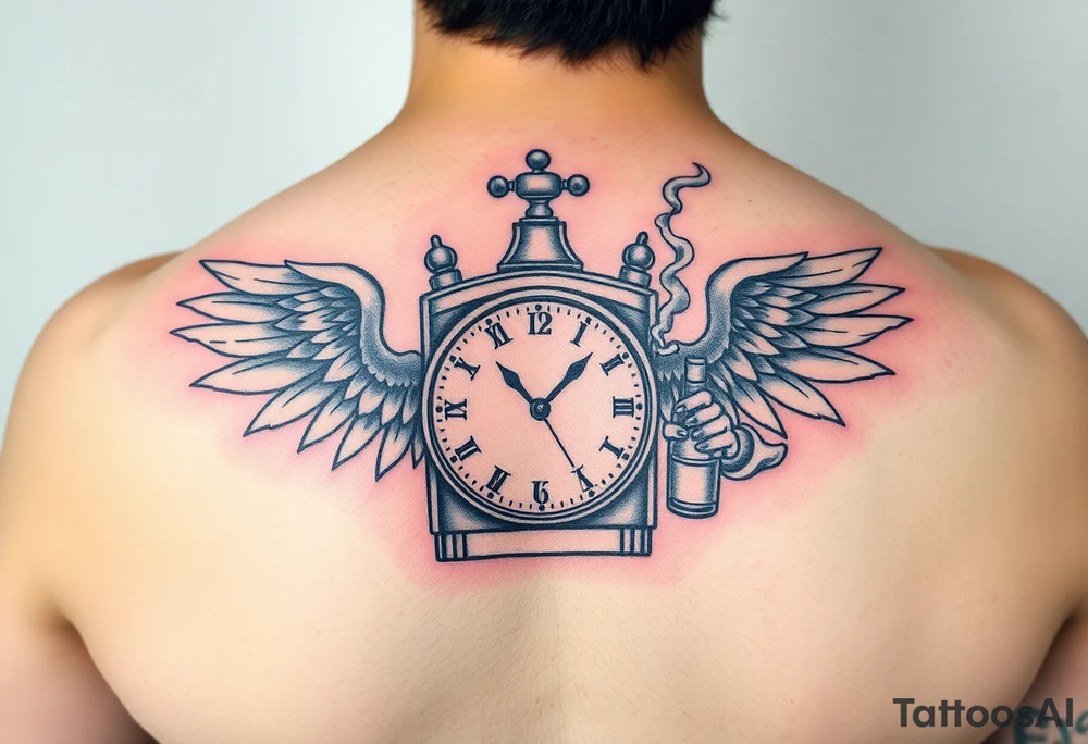 jack in the box tattoo with the box as a clock, the time 420, two open wings besides the clock, smoke as the spring rising from the clock, a jester clown coming out the smoke, smoking in one hand with a liquor bottle on the other hand tattoo idea
