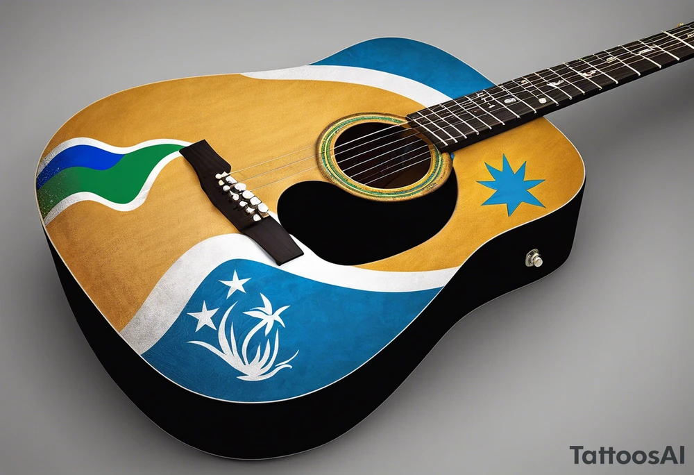 acoustic guitar with cut diagonally with one side with the flag of curacao, the other with some raggae colors. on the outside of the guitar, the side with the curacao flag to adorned with some beach or sea creature theme, like a sea turtle. The side with the raggae to have some music notes flowing out tattoo idea