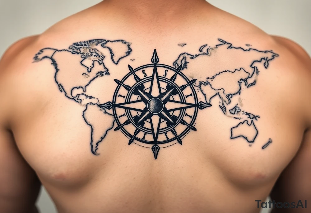 antique compass rose overlaid on weathered world map with sailing ships tattoo idea