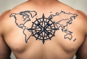 antique compass rose overlaid on weathered world map with sailing ships tattoo idea