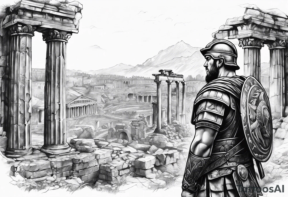 Roman Solider looking at ruins tattoo idea
