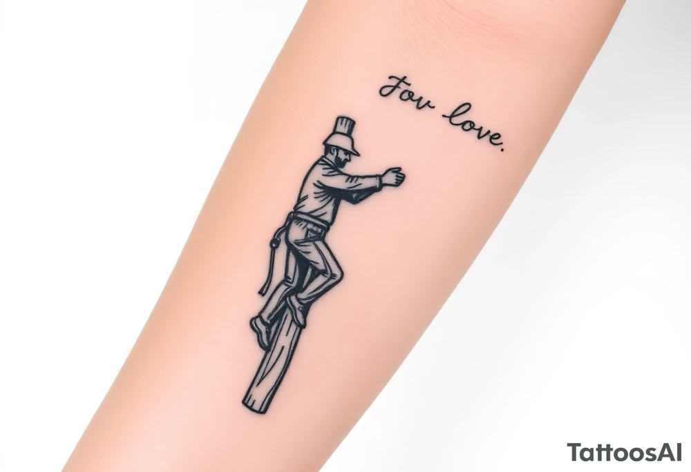 power lineman climbing a wooden 12kv pole. Make the pole a cross that has a hidden resemblance to god. tattoo idea