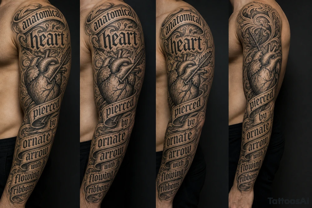 anatomical heart pierced by ornate arrow with flowing ribbons tattoo idea