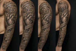 anatomical heart pierced by ornate arrow with flowing ribbons tattoo idea