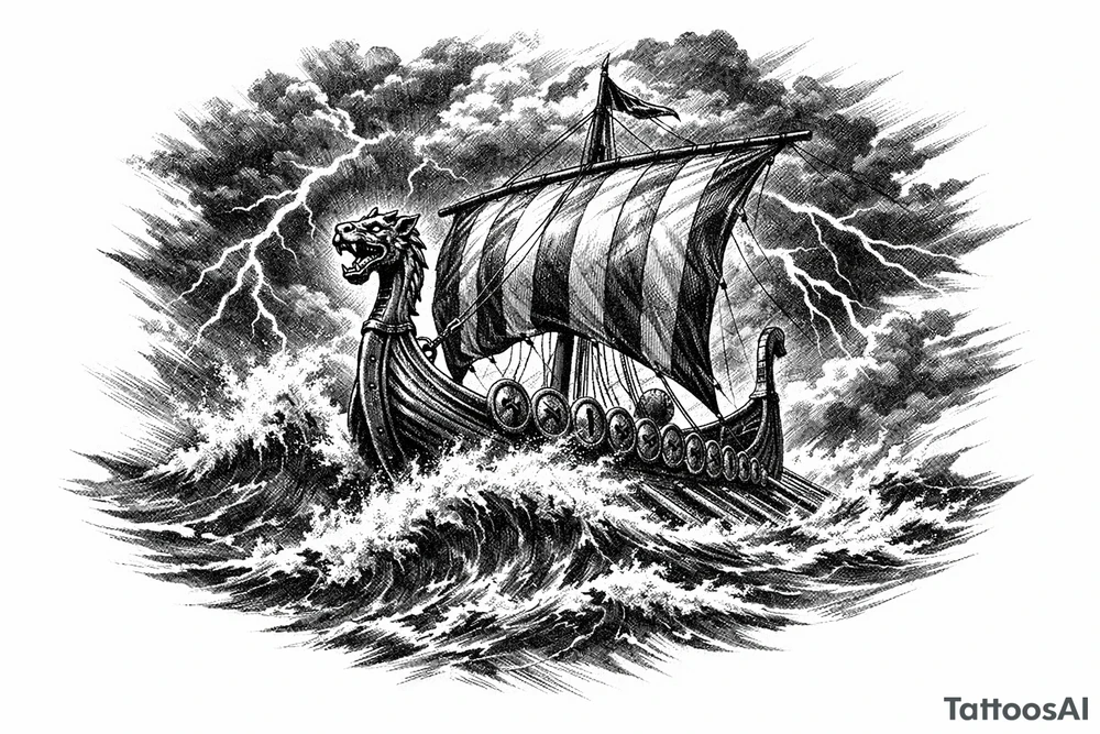 Viking longship sailing through stormy, cresting waves, dark sky. tattoo idea