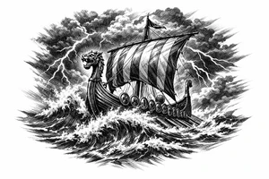 Viking longship sailing through stormy, cresting waves, dark sky. tattoo idea