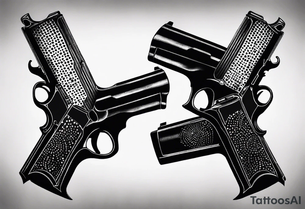A reflection of two siloets holding guns at two siloets dead tattoo idea