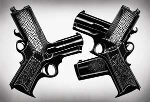 A reflection of two siloets holding guns at two siloets dead tattoo idea