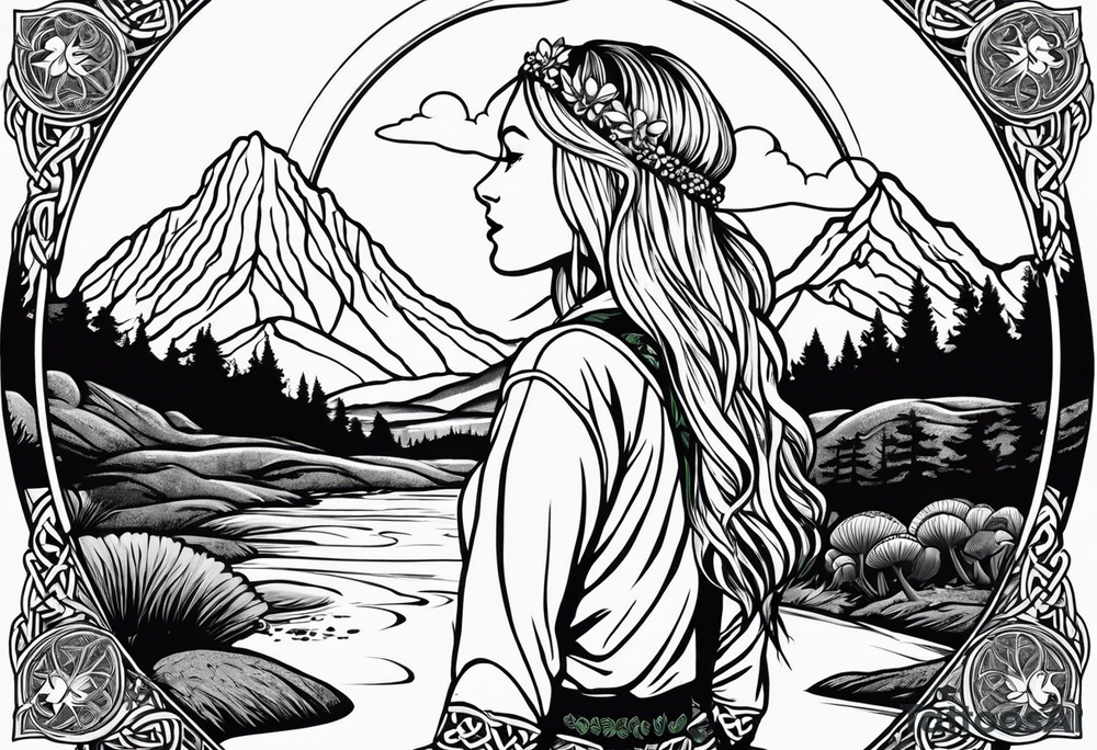 Whole picture encircled fully

Straight long blonde hair hippie girl in distance holding mushrooms in hand facing away toward mountains and creek surrounded by mushrooms long sleeve shirt and hiking pants; whole rendering within a full celtic circle border, no cut off circle tattoo idea