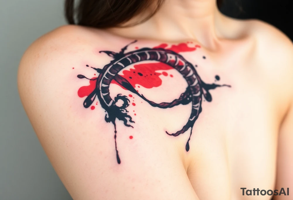 An ink-splattered Ouroboros, appearing as if it was painted in bold brush strokes of deep red and black, symbolizing artistic chaos and creation. tattoo idea