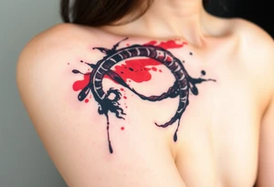 An ink-splattered Ouroboros, appearing as if it was painted in bold brush strokes of deep red and black, symbolizing artistic chaos and creation. tattoo idea