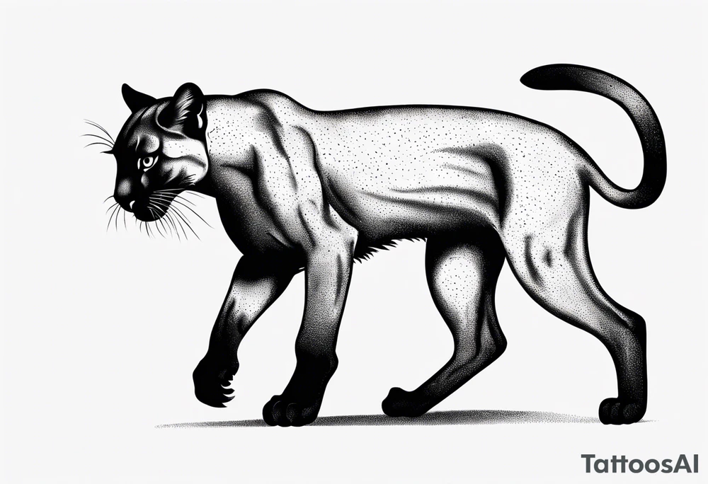 A black vicious puma walking but looking to the side, where the perspective is from above tattoo idea