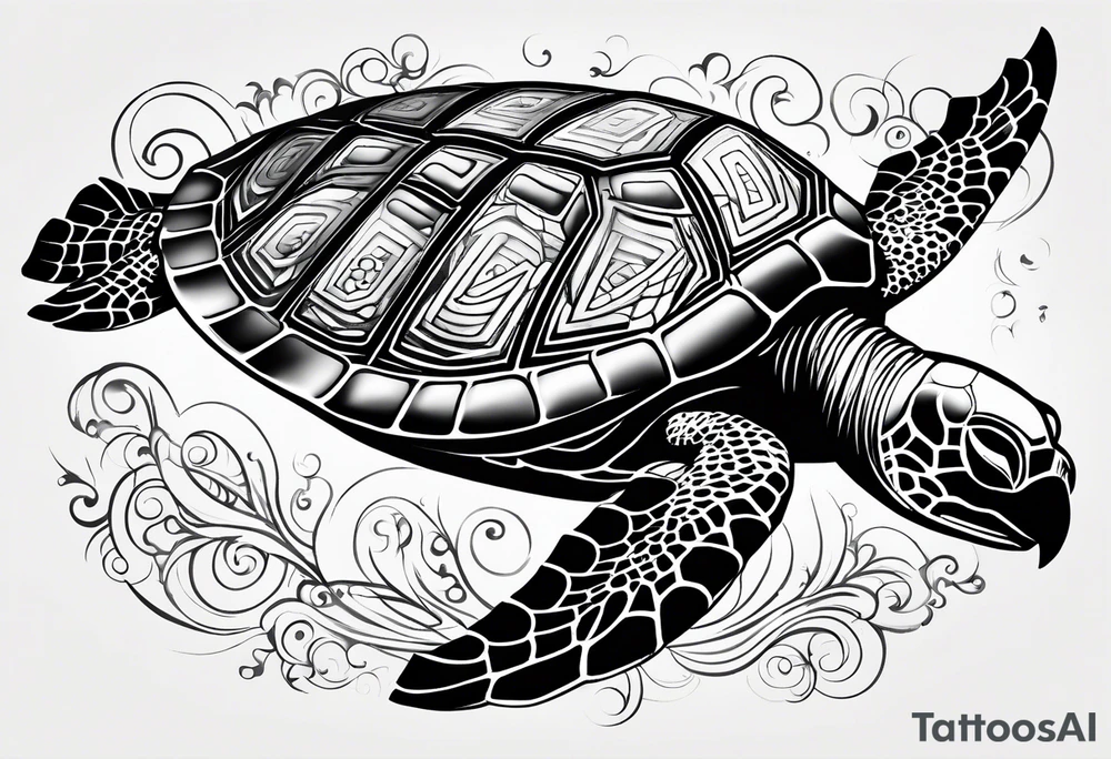 Polynesian Sea Turtle with the initials N, J, S, G incorporated. tattoo idea