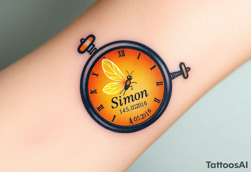 A glowing firefly trapped inside a small clock with baby´s name "Simon" and date "14. 05. 02016", symbolizing the magic of childhood, in warm yellow and soft amber. tattoo idea