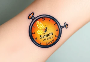 A glowing firefly trapped inside a small clock with baby´s name "Simon" and date "14. 05. 02016", symbolizing the magic of childhood, in warm yellow and soft amber. tattoo idea