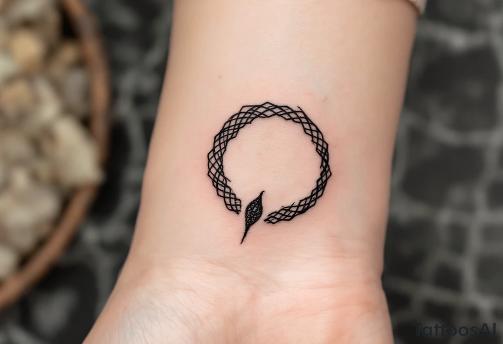 A minimalist Ouroboros snake forming cyrcle made from a single, unbroken black ink stroke tattoo idea