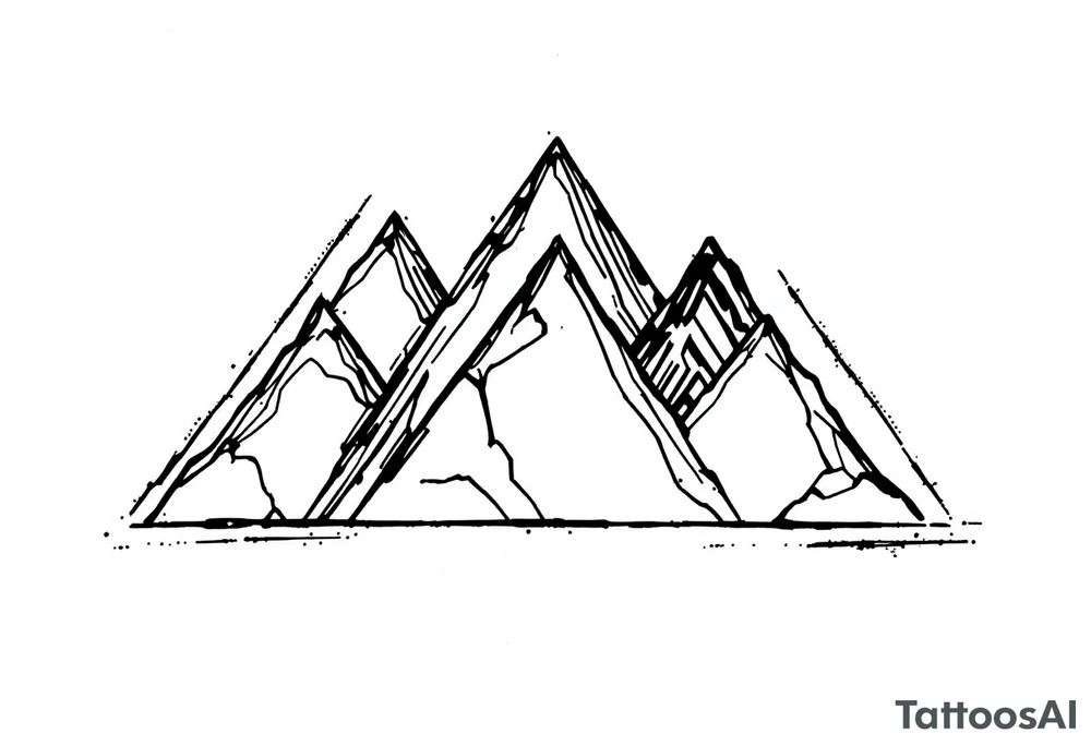 A minimalist geometric composition featuring three triangular peaks of varying sizes, forming a stylized mountain range. Each peak is outlined with clean, sharp lines, and the tallest peak is centered for balance. Below the mountains is a thin, straight horizontal line, representing a trail or path. tattoo idea