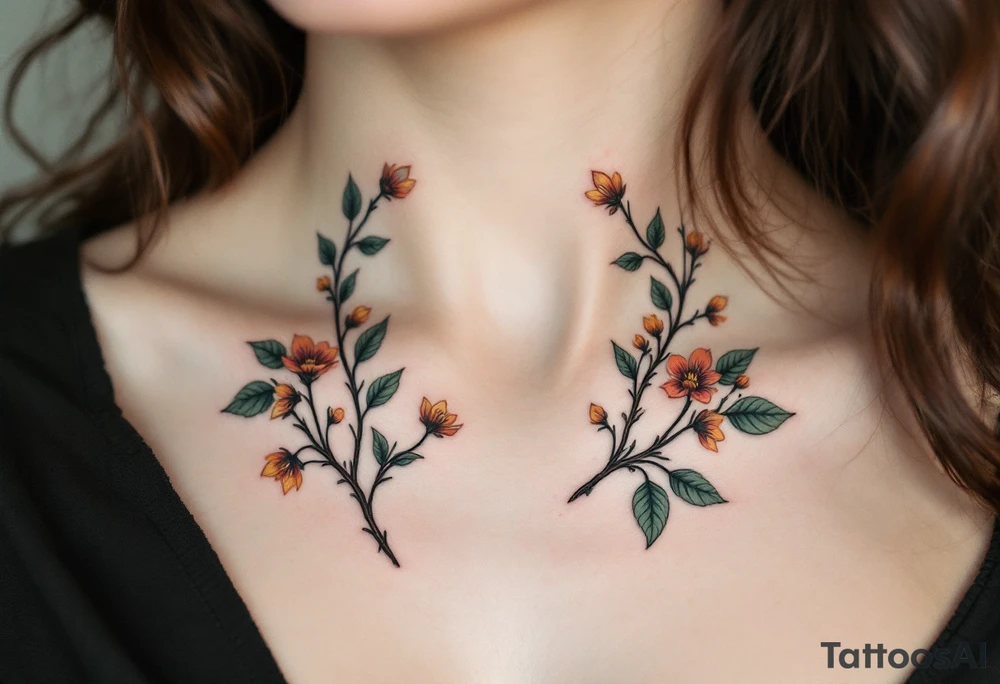Two separate collarbone tattoos of long, stems and branches covered with red, orange, yellow and dark forest green leaves and flowers, academia, witchy, muted, delicate and gentle but moody, long and thin, following the collarbone. More muted, not so bright, darker colors. Fewer amount of leaves, larger leaves tattoo idea
