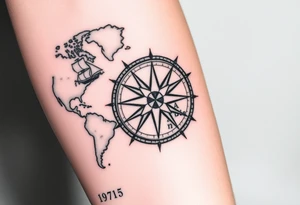 antique compass rose overlaid on weathered world map with sailing ships tattoo idea