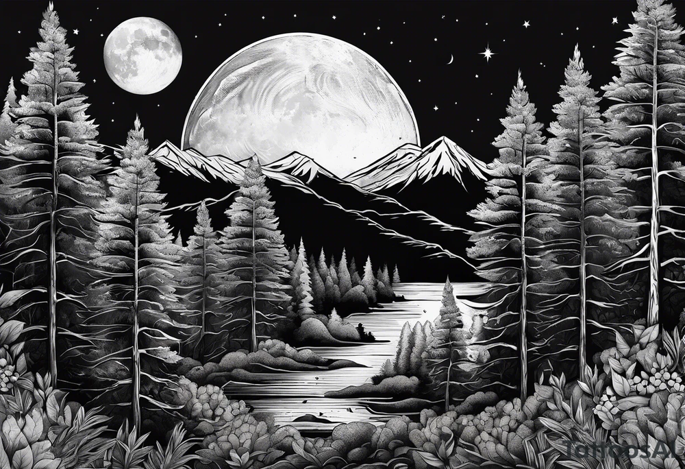 Forest with a rising moon tattoo idea