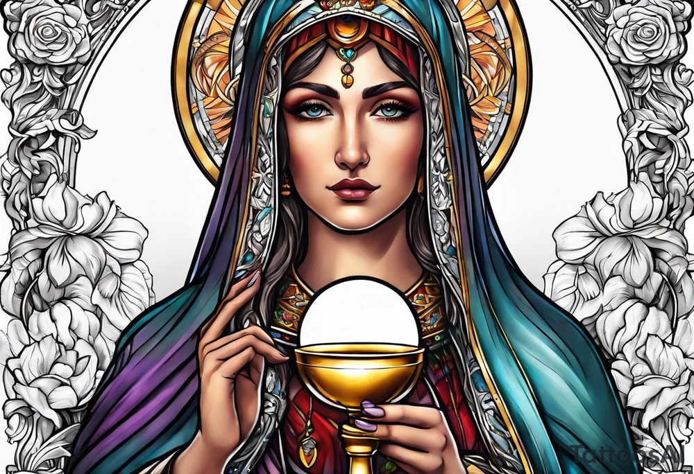 holy saint woman with halo holding a chalice tattoo idea