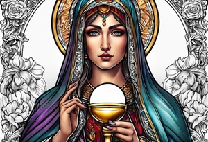 holy saint woman with halo holding a chalice tattoo idea