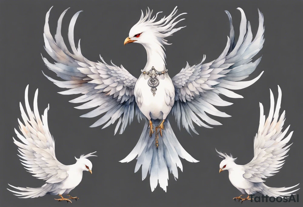 a solitary white phoenix wearing a grey crown tattoo idea