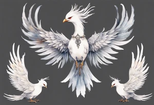a solitary white phoenix wearing a grey crown tattoo idea
