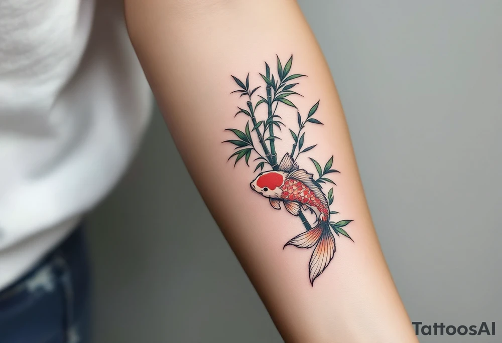 Green Koi with Bamboo Leaves – A rare green koi fish swimming past bamboo stalks and floating leaves, symbolizing resilience and flexibility. tattoo idea
