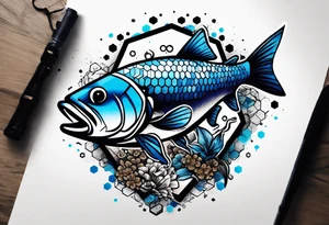 Trash polka blue and black fly fishing theme rib piece. A small about of hexagon pattern. tattoo idea