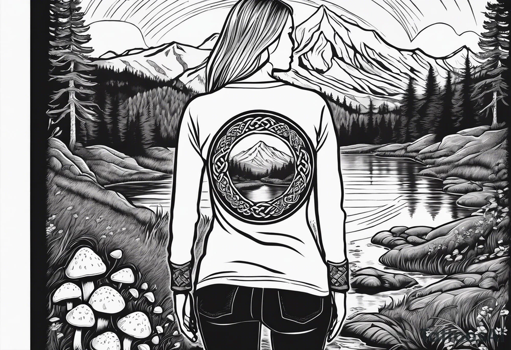 Whole picture encircled fully

Straight long blonde hair hippie girl in distance holding mushrooms in hand facing away toward mountains and creek surrounded by mushrooms long sleeve shirt and hiking pants; whole rendering within a full celtic circle, no cut off circle tattoo idea