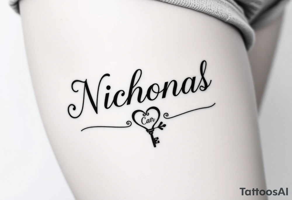 The name Nicholas Carr in Cursive font writing with creative swirls running with the letters spelling With a fancy heart and key in it at the end. tattoo idea