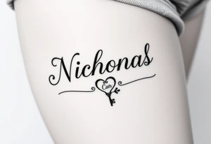 The name Nicholas Carr in Cursive font writing with creative swirls running with the letters spelling With a fancy heart and key in it at the end. tattoo idea