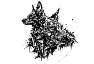 a creature that looks strongly like a black Labrador and a black German Shepard , resembling  Anubis, looking back, serious and daring tattoo idea