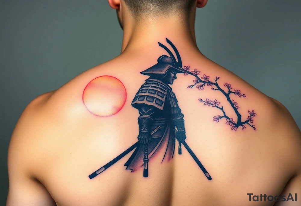 noble samurai warrior silhouette at sunset with cherry blossoms tattoo idea