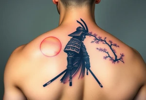 noble samurai warrior silhouette at sunset with cherry blossoms tattoo idea