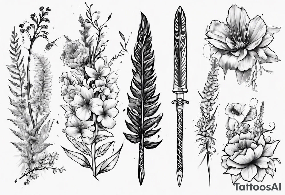 Swordfern and flowers that represent the pacific Northwest tattoo idea