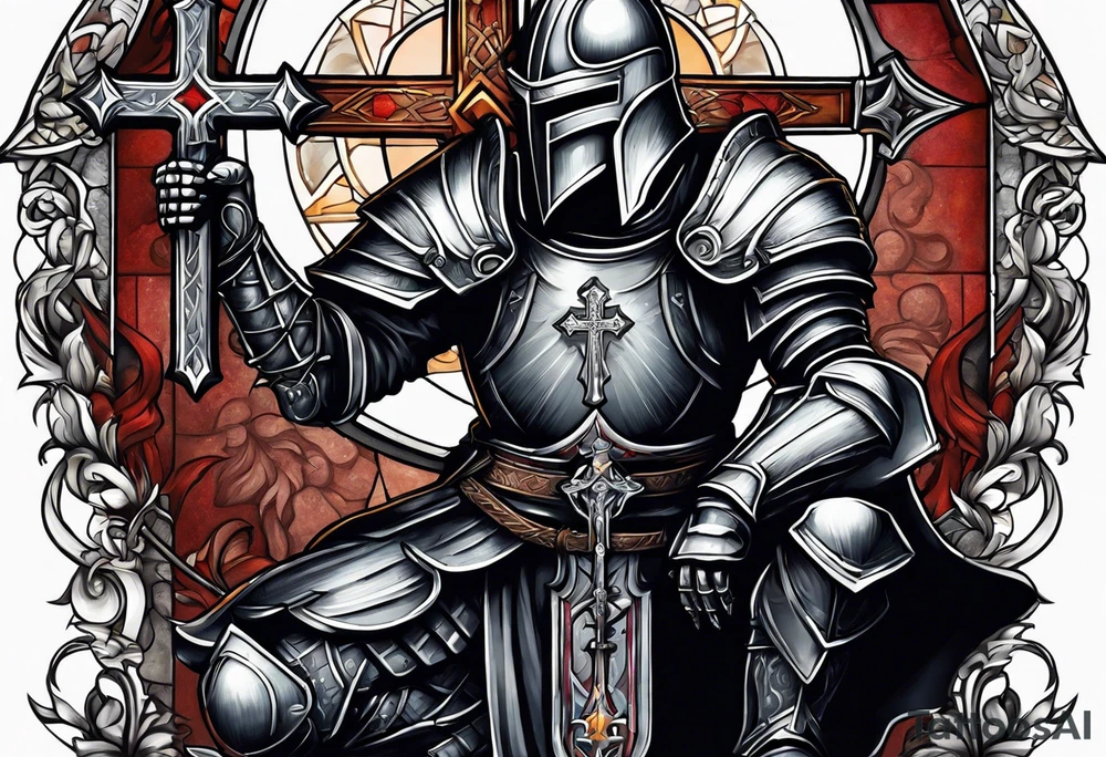 knight kneeling before the cross of Christ tattoo idea
